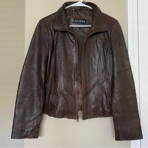 GUESS Vintage Brown Leather Zip Up Jacket